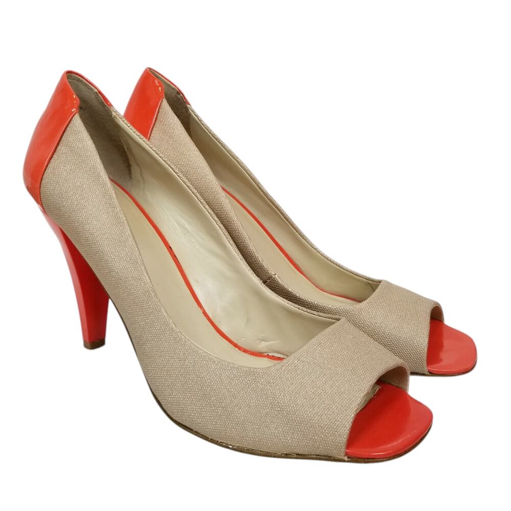 Nine West Orange Patent Leather Tan Canvas Peep Toe Heels Pumps Size 9